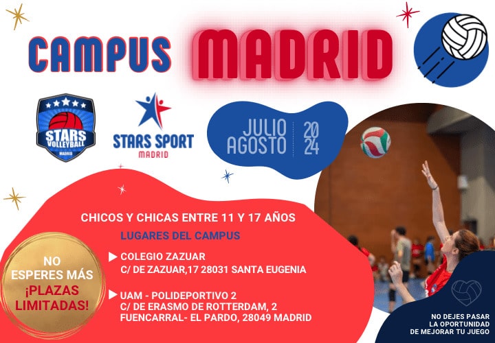 Flyer de los dos campus de voleibol y voley playa en Madrid que se celebramos en verano de 2024